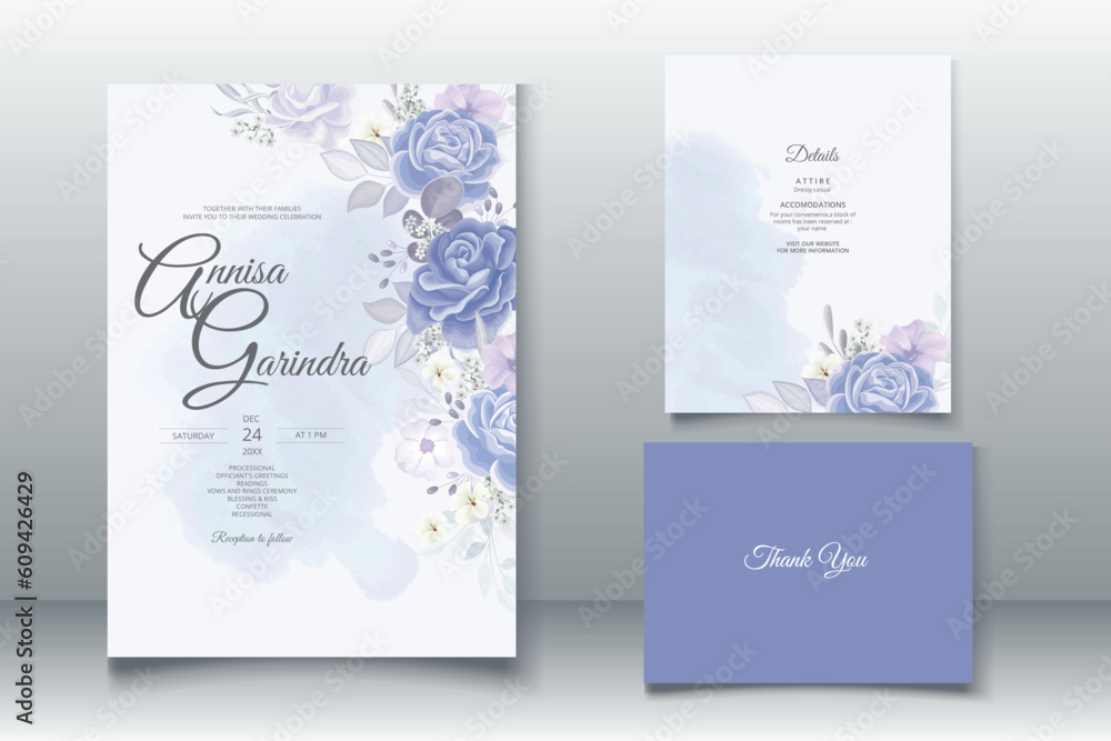  Elegant wedding invitation card with beautiful blue floral and leaves template Premium Vector