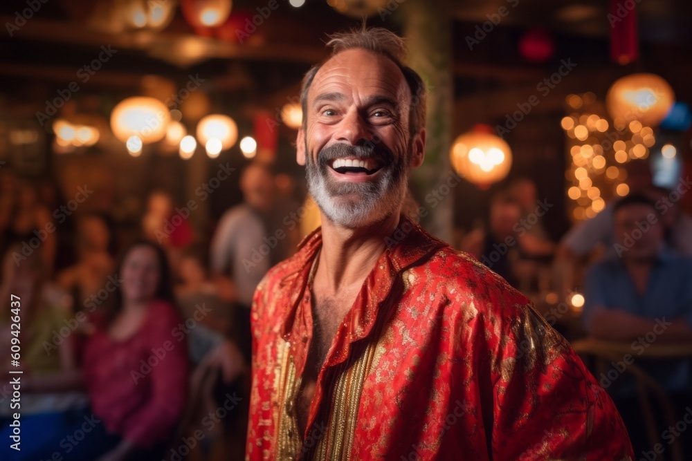 Portrait of a happy senior man in traditional clothes at a bar