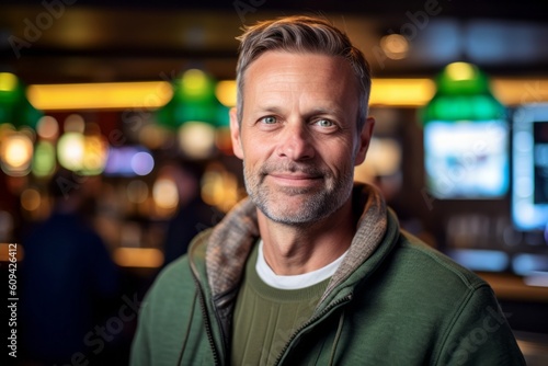 Portrait of a handsome mature man smiling at the camera in a pub