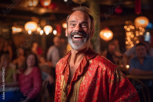 Portrait of a happy senior man in traditional clothes at a bar