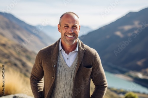 Portrait of senior man smiling at camera on top of mountain with lake in background