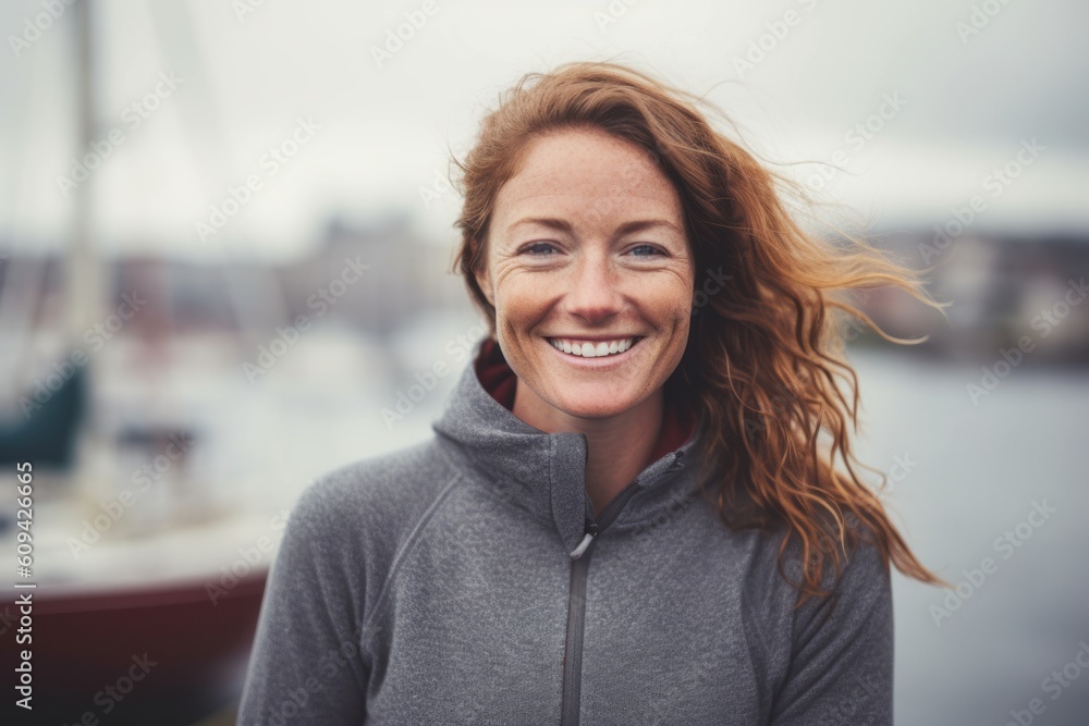 Fototapeta premium Portrait of smiling woman with red hair standing on pier and looking at camera