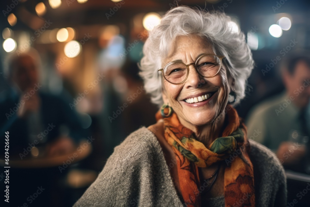 Portrait of happy senior woman smiling at the camera in a pub Portrait of happy senior woman smiling at the camera in a pub