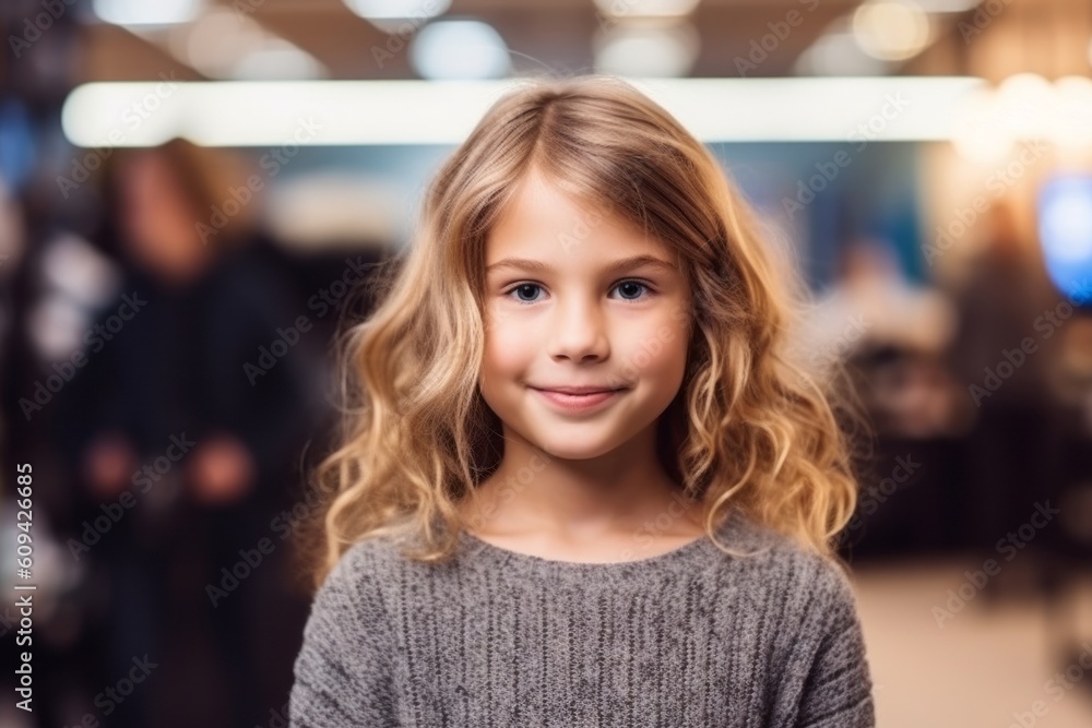 smiling little girl with long curly hair at shopping mall or mall smiling little girl with long curly hair at shopping mall or mall