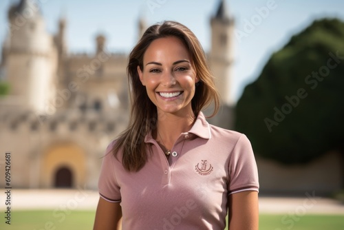 Portrait of a beautiful young woman smiling in front of a castle