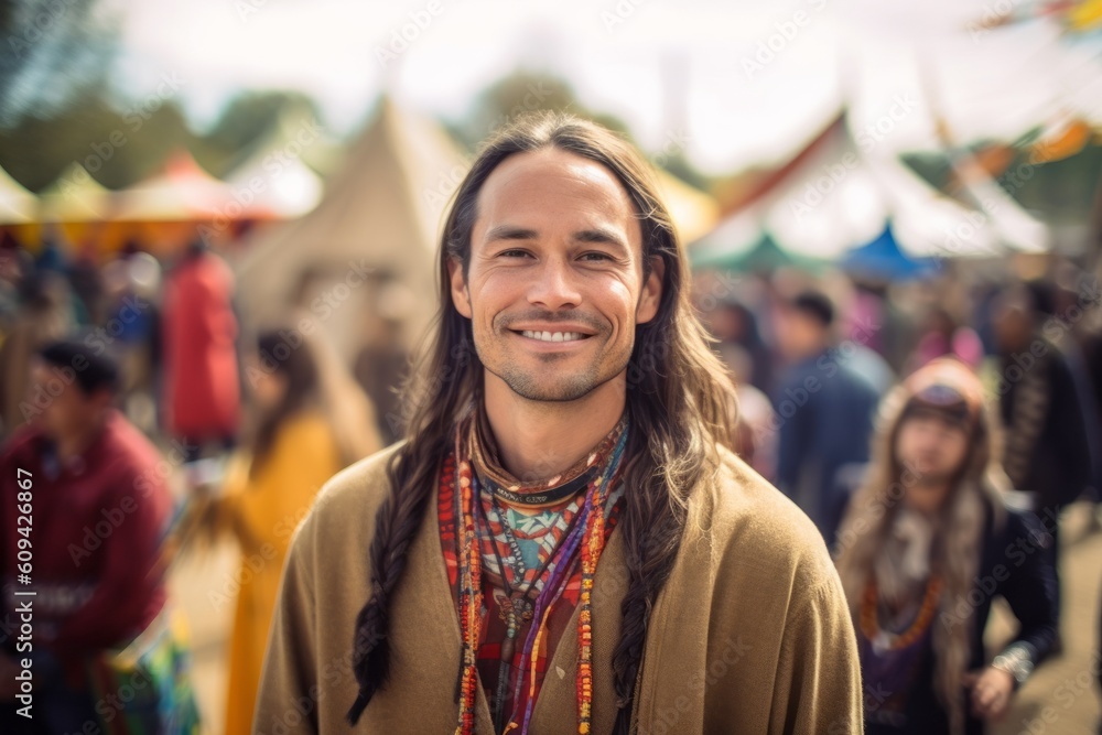 Handsome hippie man smiling at the camera while standing in front of a tent