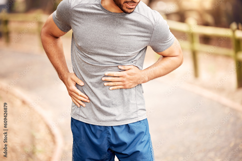 Stockfoto Stomach pain, fitness hands and man outdoor after running