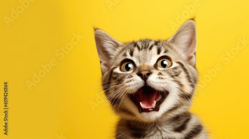 Funny cat on yellow background, portrait of mocking cat with copy space. kitten. generated AI.