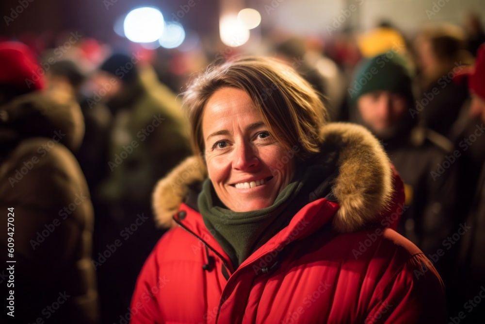 Portrait of a beautiful woman in a red jacket at night. Portrait of a beautiful woman in a red jacket at night.