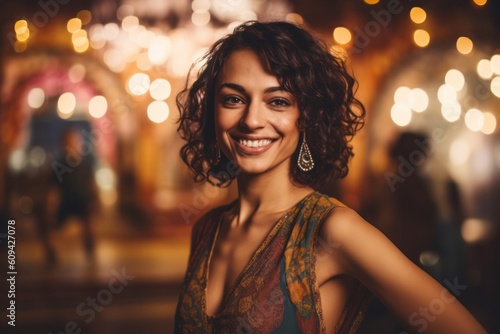 Medium shot portrait photography of a satisfied woman in her 30s that is wearing a chic cardigan against an entrancing belly dance performance in a venue background . Generative AI