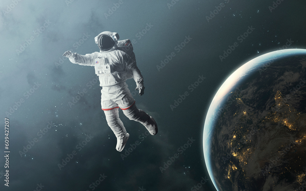 3D illustration of Astronaut at Earth planet orbit. 5K realistic ...