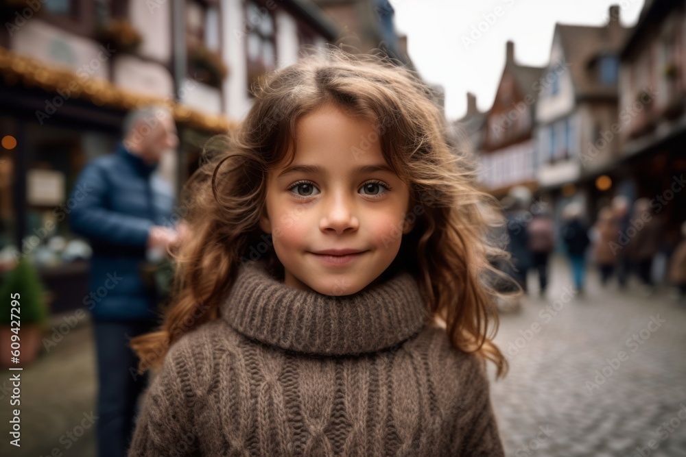 Portrait of a little girl in the street of the old town of Strasbourg Portrait of a little girl in the street of the old town of Strasbourg