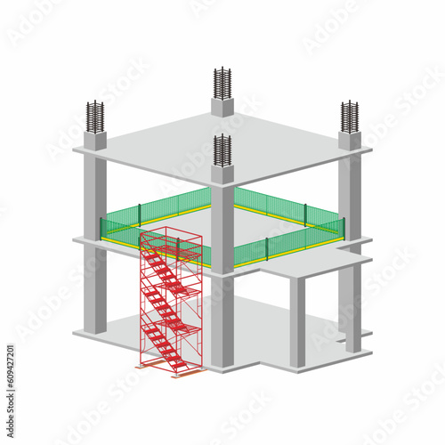 Isometric view of building construction work vector illustration. Scaffolding installation, safety net, guardrail.