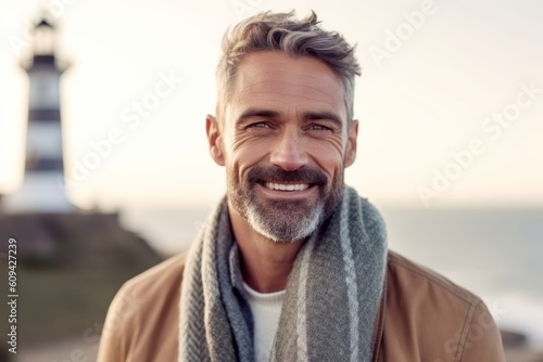 smiling mature man in coat and scarf looking at camera at seaside