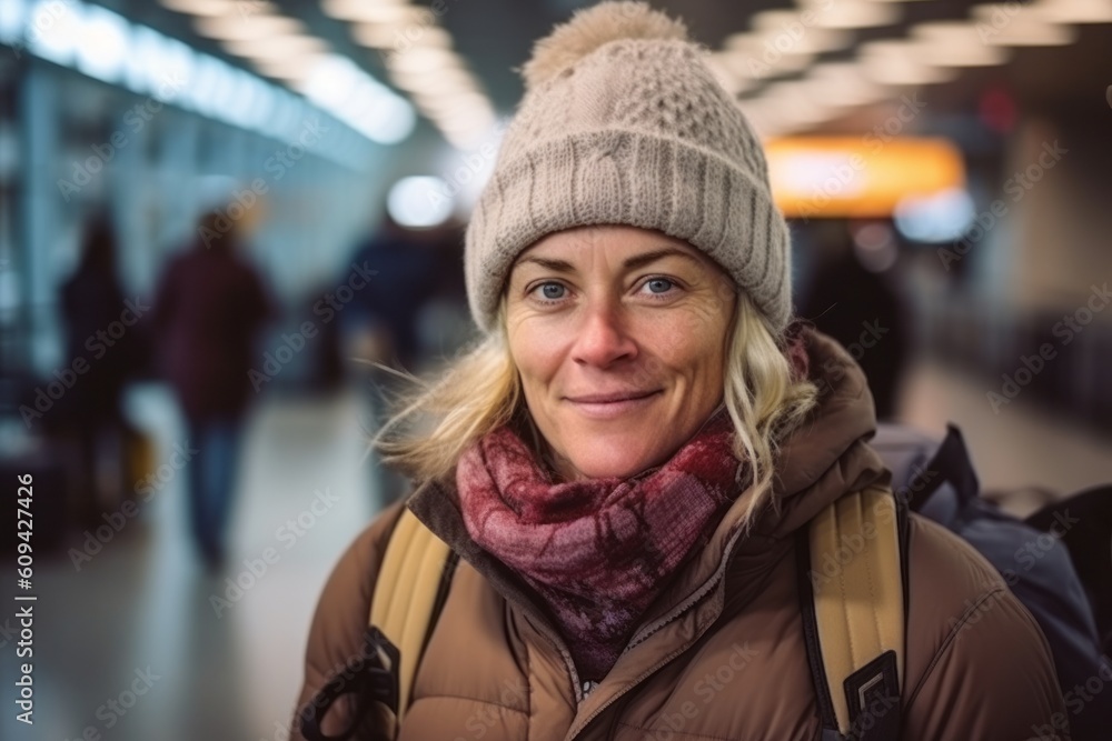 Portrait of happy mature woman in winter hat and scarf at subway station Portrait of happy mature woman in winter hat and scarf at subway station