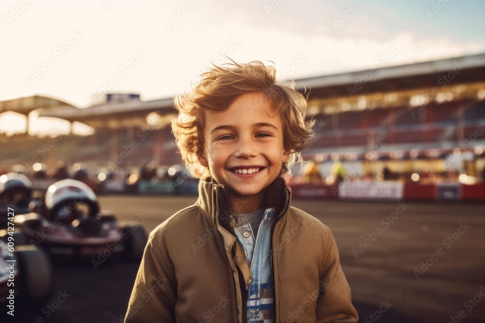Fototapeta premium Medium shot portrait photography of a grinning child male that is wearing a chic cardigan against an exciting go-kart racing track with drivers competing background . Generative AI