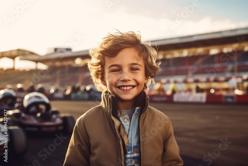 Medium shot portrait photography of a grinning child male that is wearing a chic cardigan against an exciting go-kart racing track with drivers competing background . Generative AI