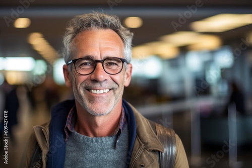 Portrait of smiling mature man with eyeglasses at the airport
