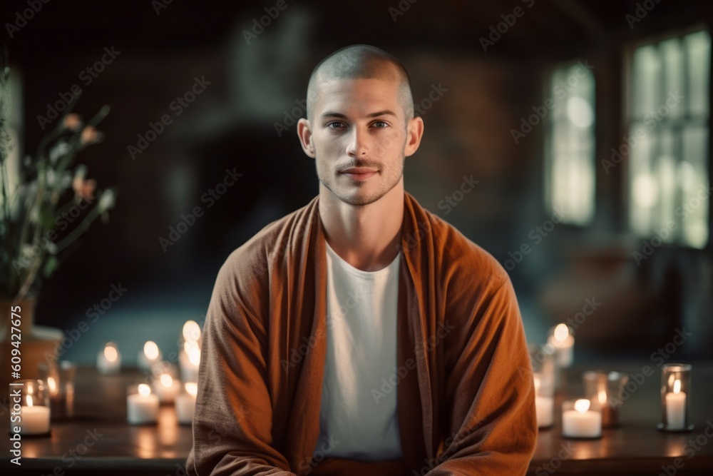 Medium shot portrait photography of a satisfied man in his 20s that is wearing a chic cardigan against a serene meditation retreat with monks and candles background . Generative AI Medium shot portrait photography of a satisfied man in his 20s that is wearing a chic cardigan against a serene meditation retreat with monks and candles background . Generative AI