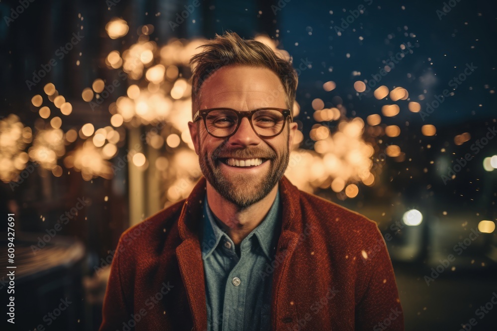 Portrait of a handsome young man wearing coat and eyeglasses standing outdoors in the city at night.