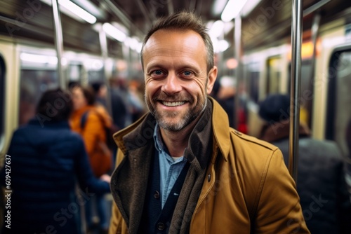 Portrait of a handsome mature man in a subway car  smiling.