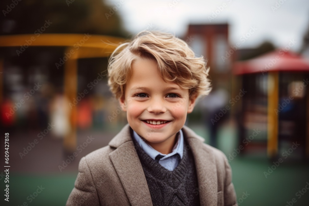 Portrait of smiling boy on playground at school yard in autumn day Portrait of smiling boy on playground at school yard in autumn day