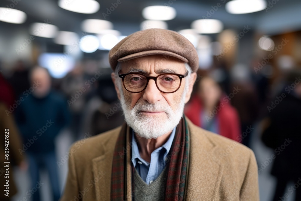 Medium shot portrait photography of a tender man in his 70s that is wearing a foulard against a busy newsroom with journalists and cameras background . Generative AI Medium shot portrait photography of a tender man in his 70s that is wearing a foulard against a busy newsroom with journalists and cameras background . Generative AI