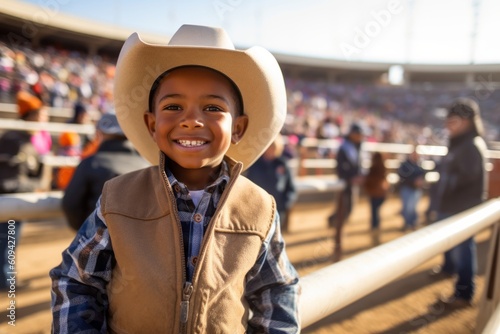 Medium shot portrait photography of a satisfied child male that is wearing a chic cardigan against a lively rodeo event with barrel racing and bull riding background . Generative AI
