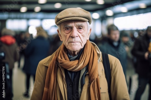Portrait of an elderly man at the railway station, looking at the camera