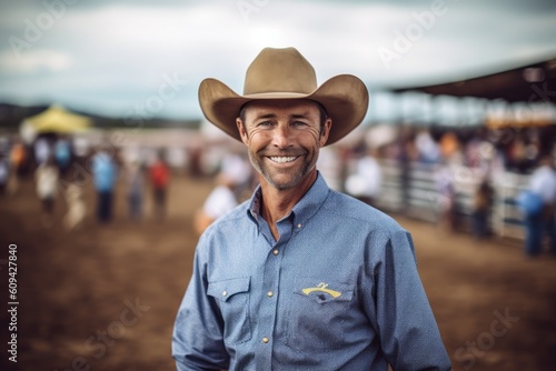 Portrait of smiling cowboy standing with arms crossed at rodeo outdoors