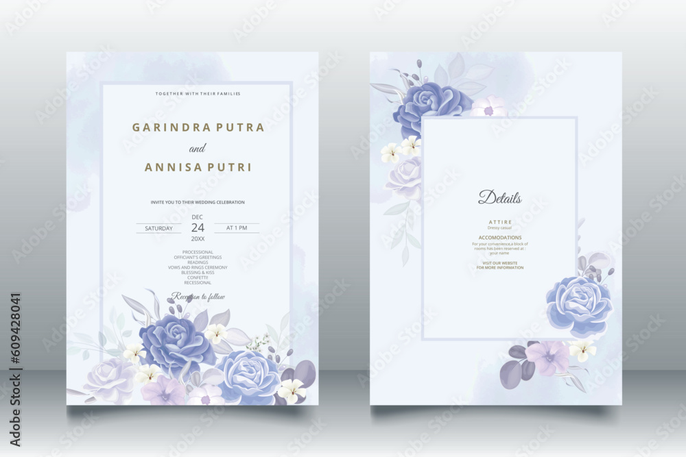Elegant wedding invitation card with beautiful blue floral and leaves ...