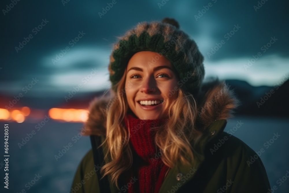 Portrait of a beautiful young woman in a knitted hat and green coat on the background of a frozen lake. Portrait of a beautiful young woman in a knitted hat and green coat on the background of a frozen lake.