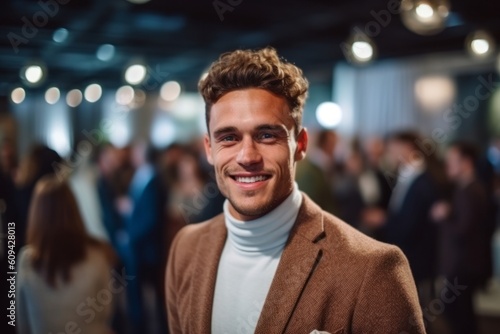 Medium shot portrait photography of a satisfied man in his 20s that is wearing a chic cardigan against a charity gala event with auction and celebrities background . Generative AI