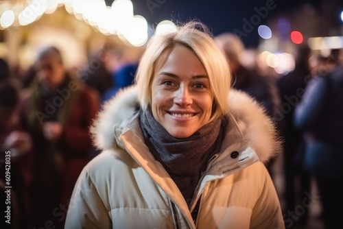 Portrait of a beautiful blonde woman in the city at night.