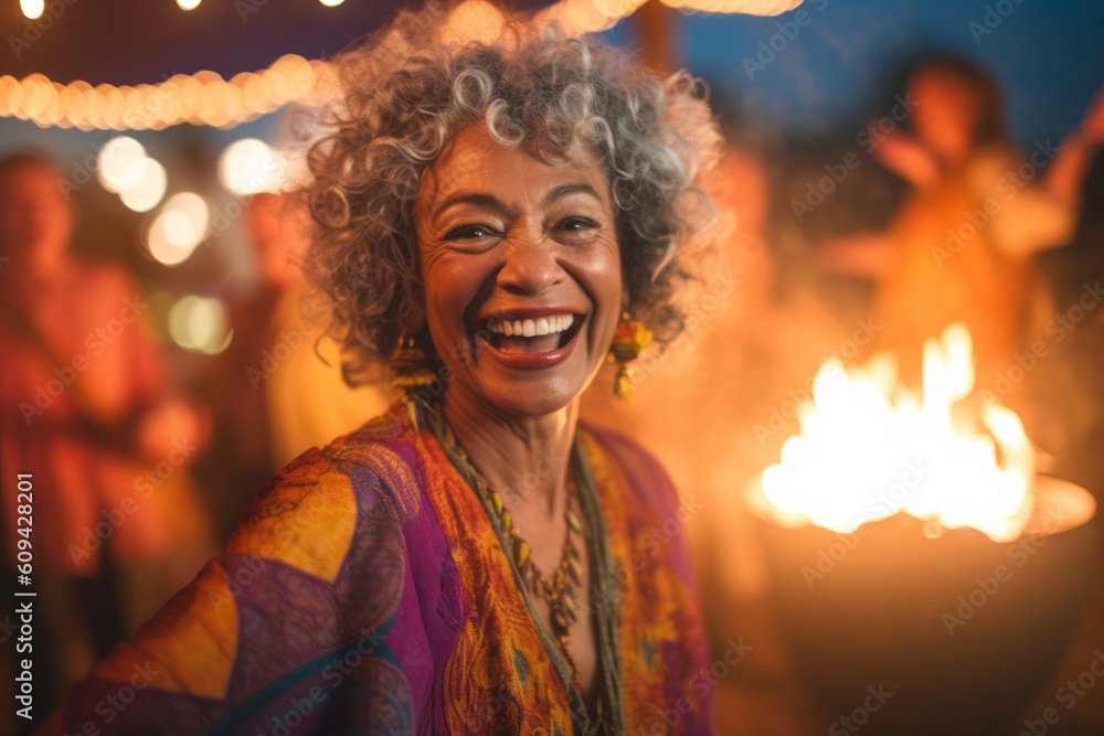 Medium shot portrait photography of a satisfied woman in her 50s that is wearing a cozy sweater against a scenic hawaiian luau with performers and fire dancers background . Generative AI - obrazy, fototapety, plakaty 