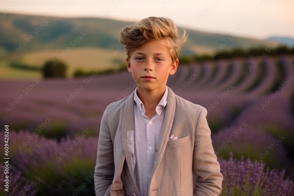 Portrait of a young boy in a lavender field at sunset