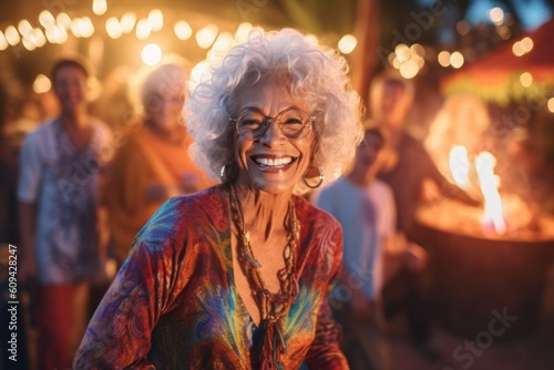 Medium shot portrait photography of a satisfied woman in her 70s that is wearing a cozy sweater against a scenic hawaiian luau with performers and fire dancers background . Generative AI