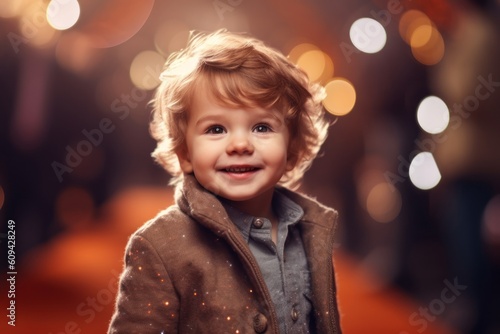 Cute little boy is smiling and looking at camera. He is dressed in a brown jacket and jeans.