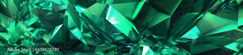 3d render, abstract green crystal background, faceted texture, emerald gem macro, panorama, wide panoramic polygonal wallpaper, Generative AI