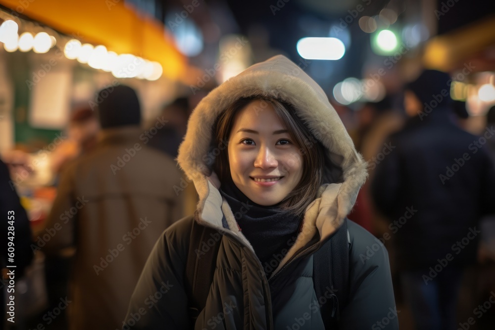 Medium shot portrait photography of a pleased woman in her 30s that is wearing a warm parka against a lively night market with street food vendors background . Generative AI Medium shot portrait photography of a pleased woman in her 30s that is wearing a warm parka against a lively night market with street food vendors background . Generative AI