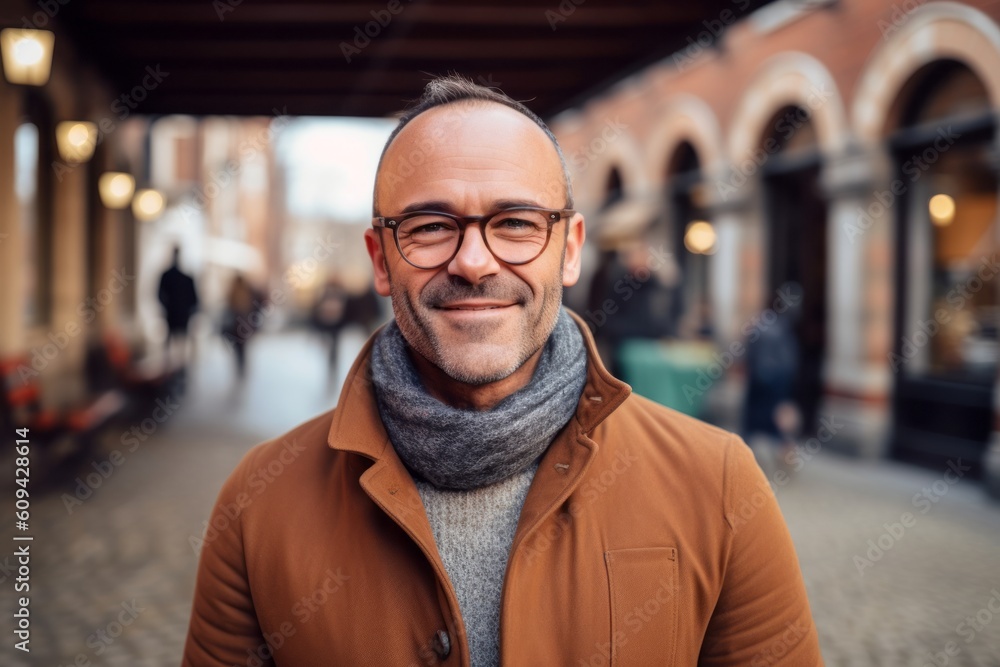 Fototapeta premium Portrait of a handsome middle-aged man with eyeglasses in a city street