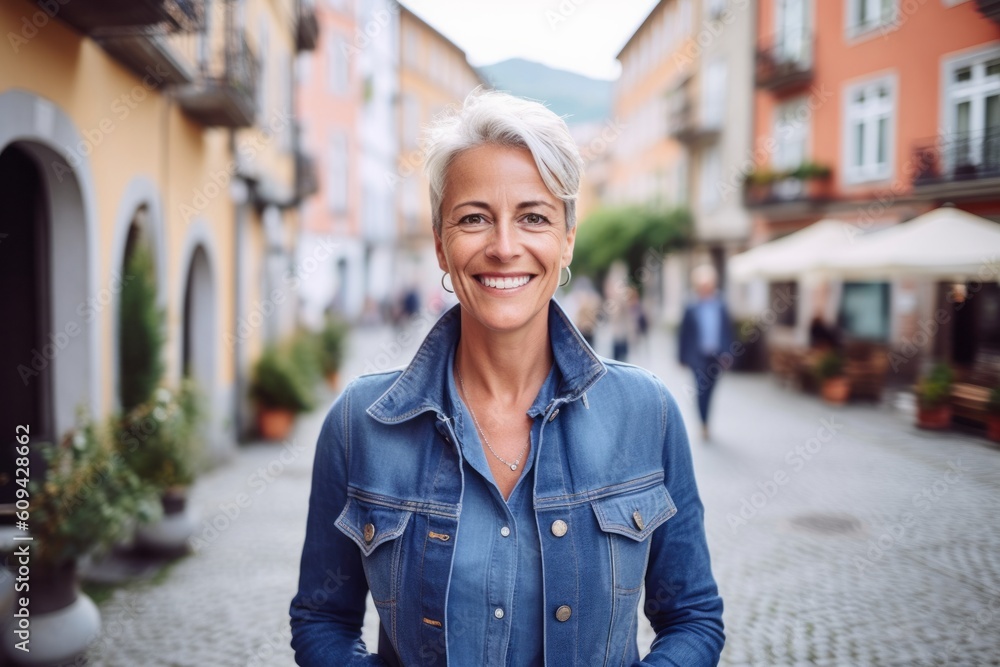 Portrait of a beautiful mature woman smiling and looking at the camera in the city Portrait of a beautiful mature woman smiling and looking at the camera in the city
