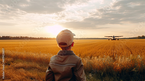 Back view of Child pilot aviator with airplane travel in sunset nature © LightoLife