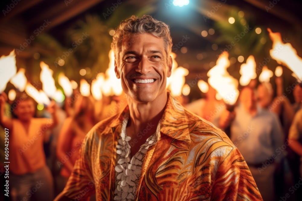 Obraz premium Medium shot portrait photography of a pleased man in his 40s that is wearing a chic cardigan against a scenic hawaiian luau with performers and fire dancers background . Generative AI
