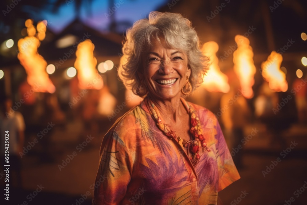 Portrait of happy senior woman standing in front of fire at night