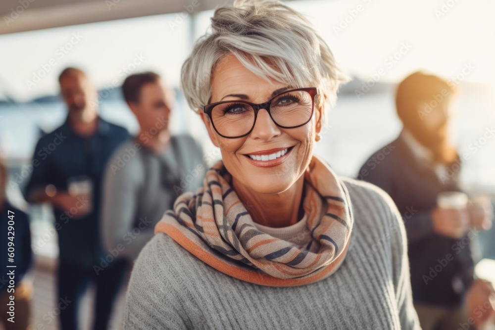 Close-up portrait photography of a pleased woman in her 50s that is wearing a cozy sweater against a luxurious yacht party with people mingling background . Generative AI Close-up portrait photography of a pleased woman in her 50s that is wearing a cozy sweater against a luxurious yacht party with people mingling background . Generative AI