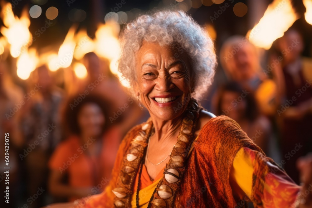 Medium shot portrait photography of a satisfied woman in her 70s that is wearing a cozy sweater against a scenic hawaiian luau with performers and fire dancers background . Generative AI Medium shot portrait photography of a satisfied woman in her 70s that is wearing a cozy sweater against a scenic hawaiian luau with performers and fire dancers background . Generative AI