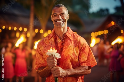 Portrait of smiling senior man holding burning torch at night in the beach