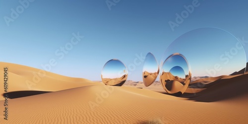 3d rendering, abstract modern minimal panoramic background with round mirrors. Desert landscape with sand dunes under the clear blue sky. Fantasy aesthetic, Generative AI