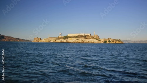 Wide of Alcatraz Island from west side in San Francisco Bay, slow motion photo